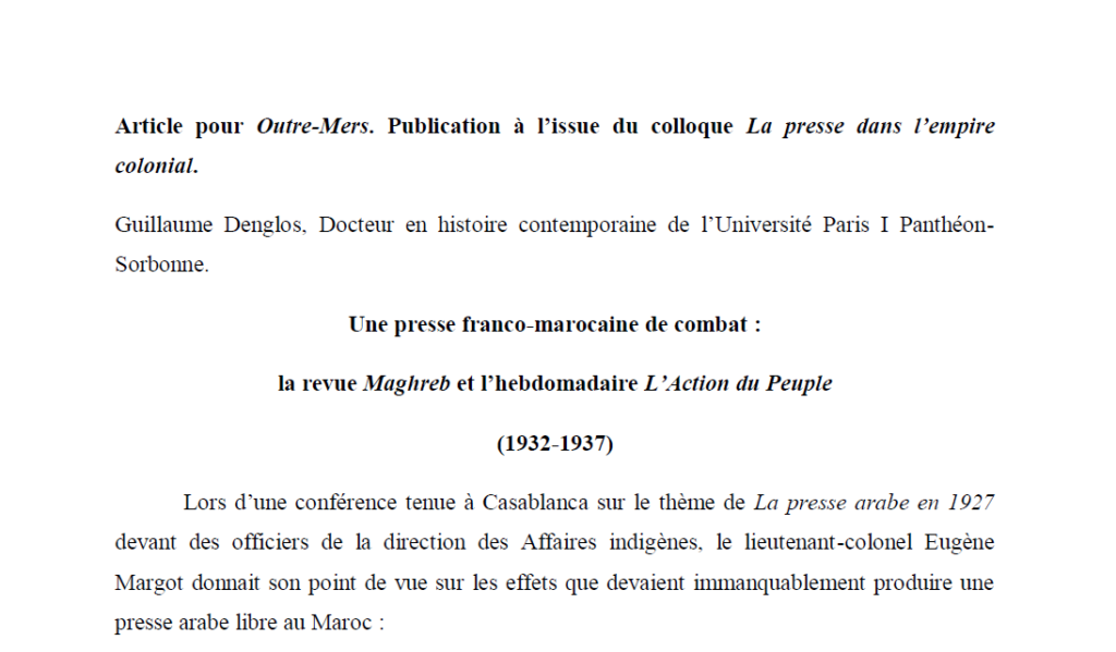 Guillaume Denglos : Une presse franco-marocaine de combat : la revue Maghreb et l’hebdomadaire L’Action du Peuple (1932-1937)